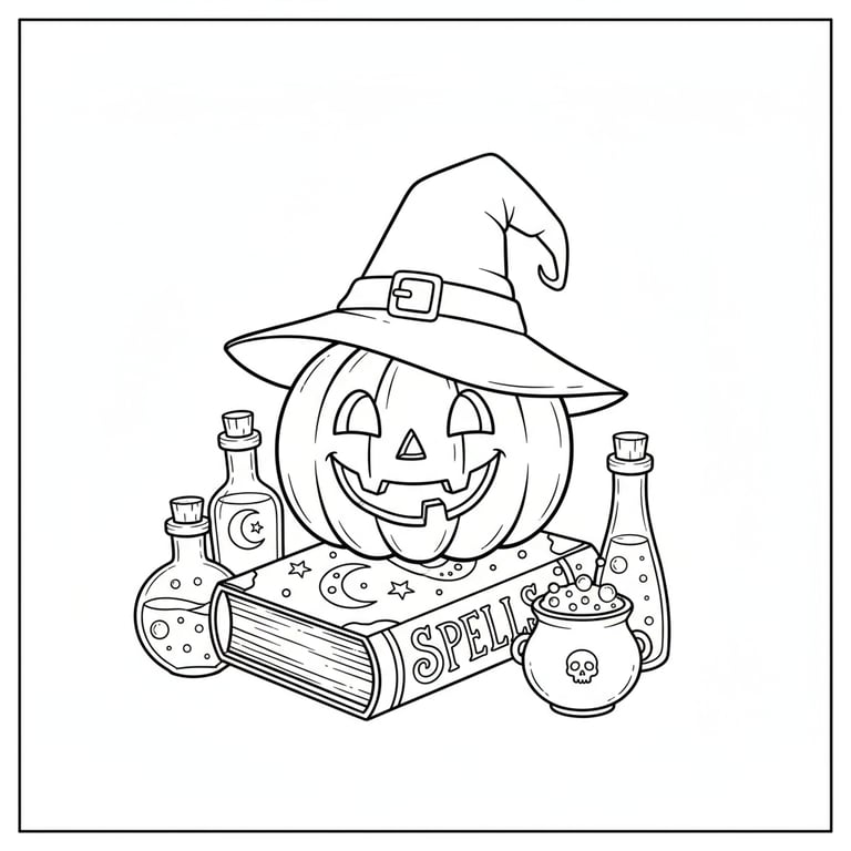 Pumpkin wearing witch hat on spellbook with potions coloring page