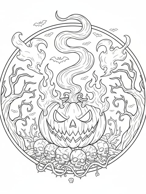 Dibujo para colorear de cara de calabaza aterradora con llamas y humo fantasmal