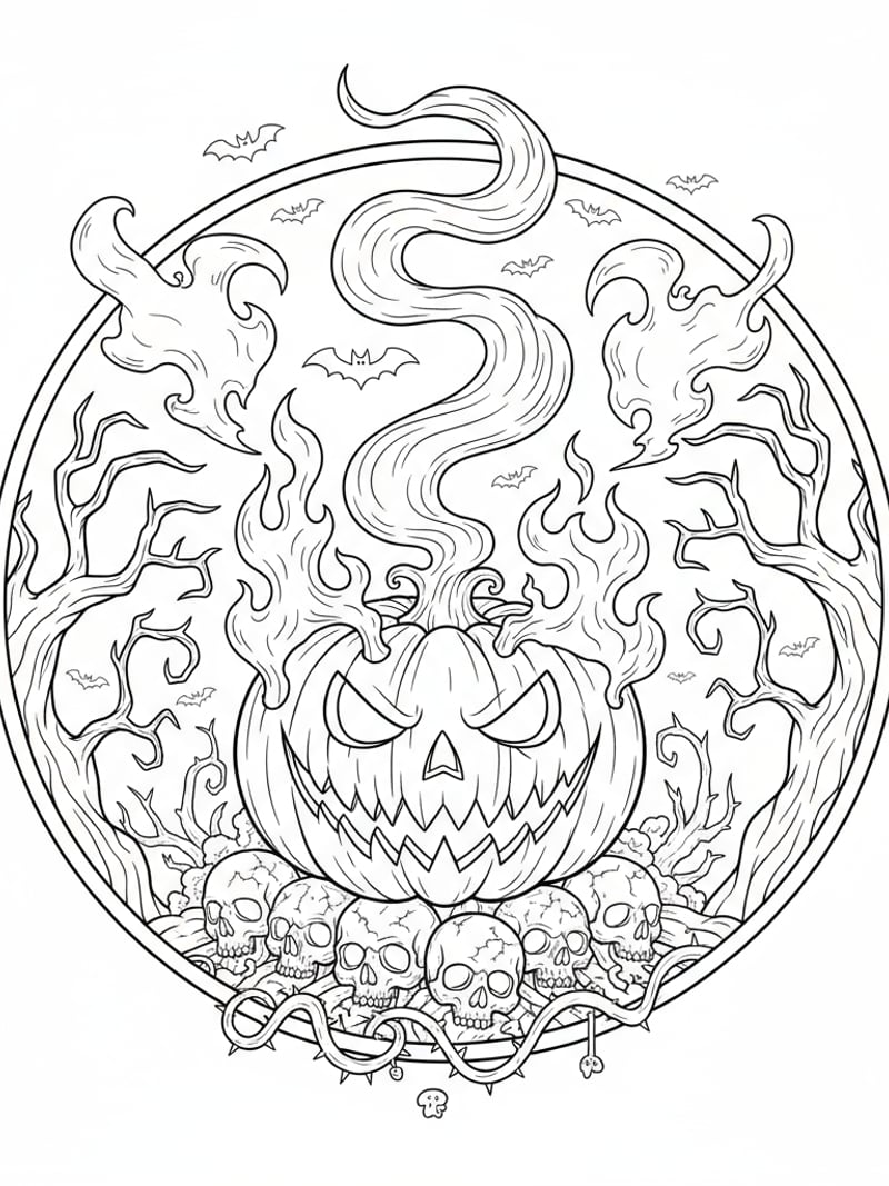 Scary Halloween pumpkin face with flames and ghostly smoke coloring page