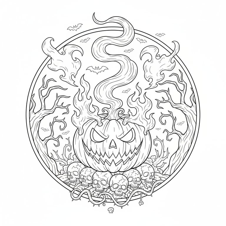 Scary Halloween pumpkin face with flames and ghostly smoke coloring page