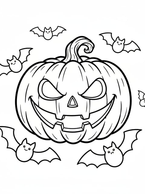 Dibujo para colorear de una calabaza tallada grande con ojos brillantes y murciélagos alrededor