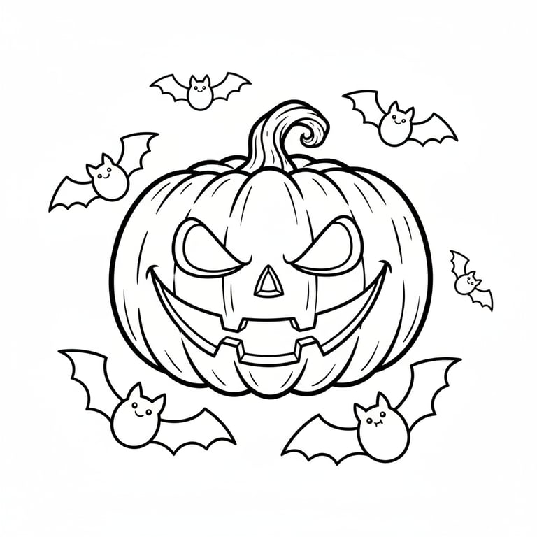 Large jack-o-lantern pumpkin with glowing eyes and bats flying around Halloween coloring page