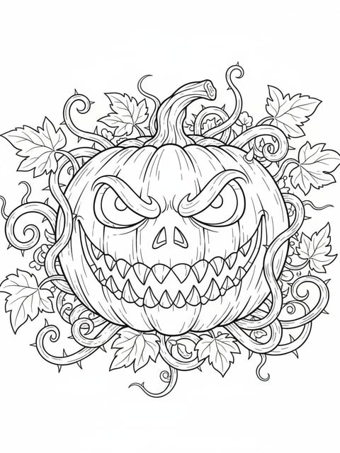 Dibujo para colorear de calabaza terrorífica de Halloween con dientes afilados y enredaderas oscuras