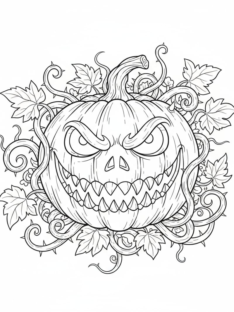 Terrifying Halloween pumpkin with sharp teeth and dark vines coloring page