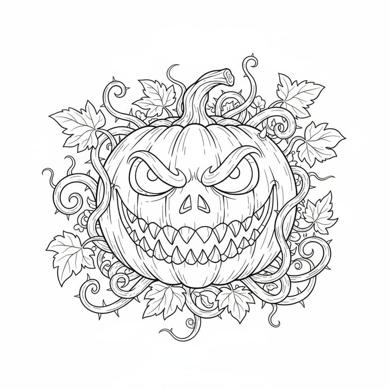 Terrifying Halloween pumpkin with sharp teeth and dark vines coloring page