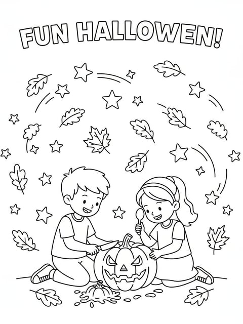 Dibujo para colorear de dos niños tallando una calabaza de Halloween con hojas y estrellas
