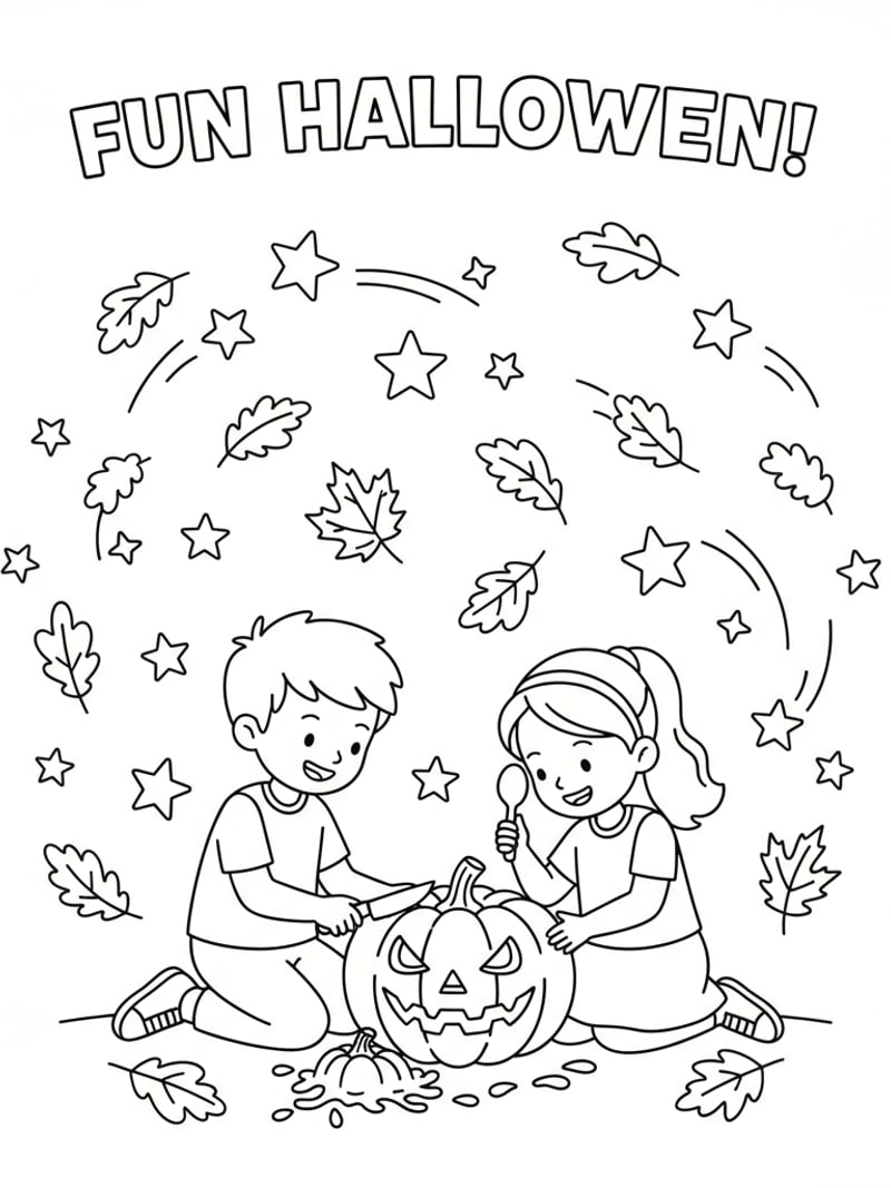 Two kids carving Halloween pumpkin with leaves and stars fun coloring page