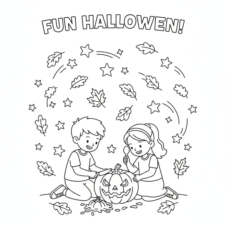 Two kids carving Halloween pumpkin with leaves and stars fun coloring page