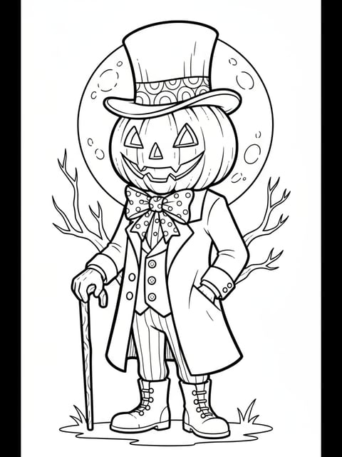 Dibujo para colorear vintage de hombre calabaza de Halloween estilo victoriano con sombrero de copa y pajarita