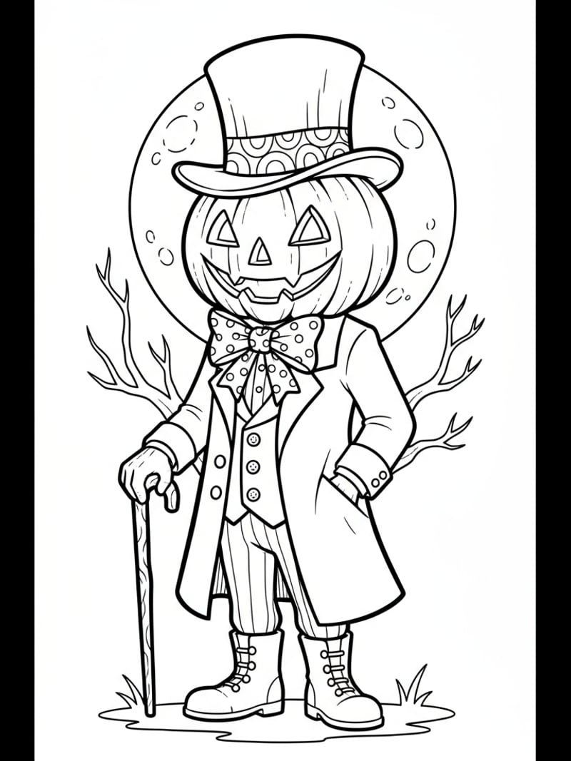 Victorian-style Halloween pumpkin man with top hat and bow tie vintage coloring page