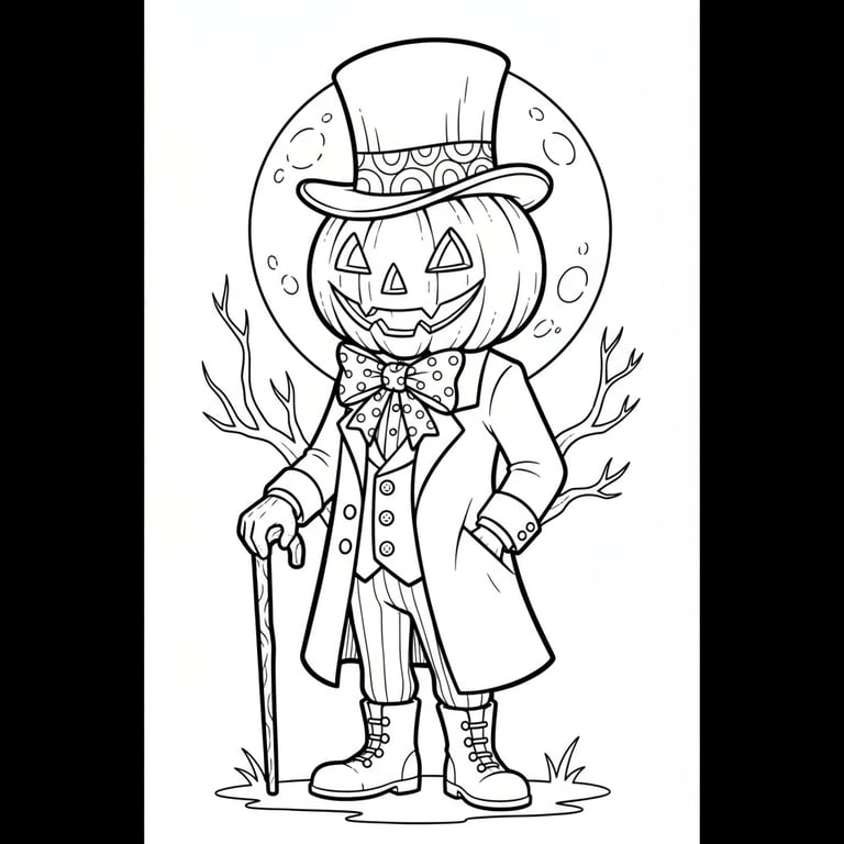Victorian-style Halloween pumpkin man with top hat and bow tie vintage coloring page