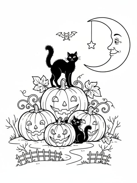 Dibujo para colorear de postal vintage de Halloween con calabazas, gatos y luna creciente