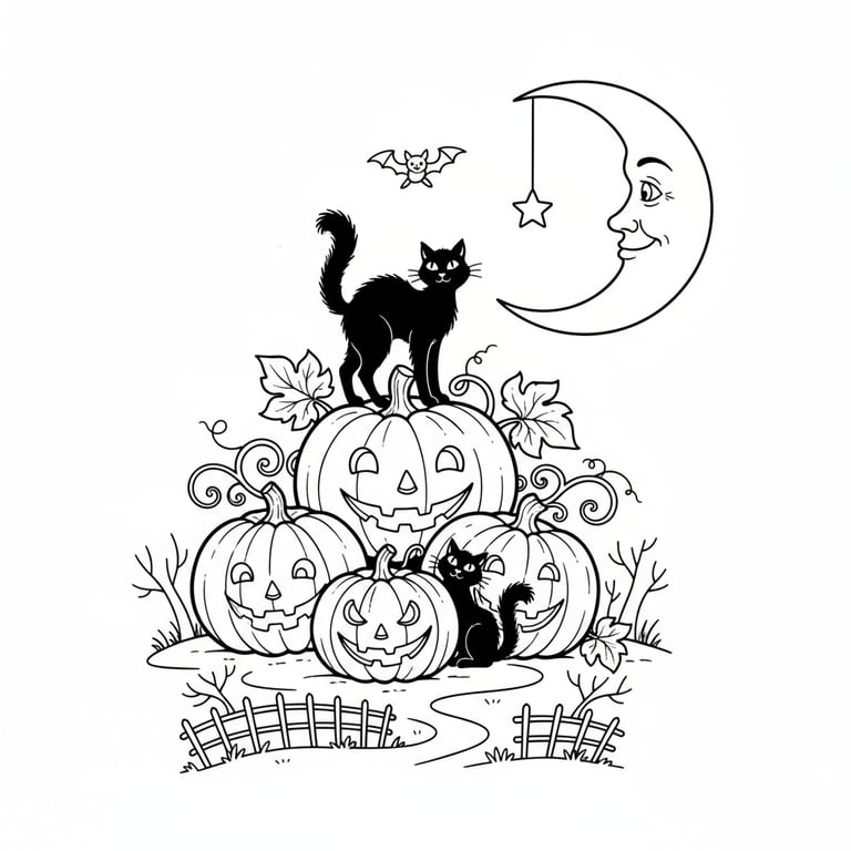 Vintage Halloween postcard with pumpkins cats and crescent moon coloring page