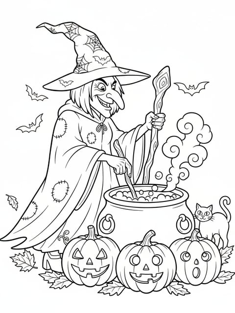 Dibujo para colorear de bruja de Halloween removiendo un caldero rodeada de calabazas