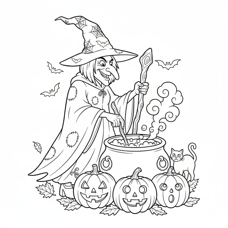 Halloween witch stirring a cauldron surrounded by pumpkins coloring page