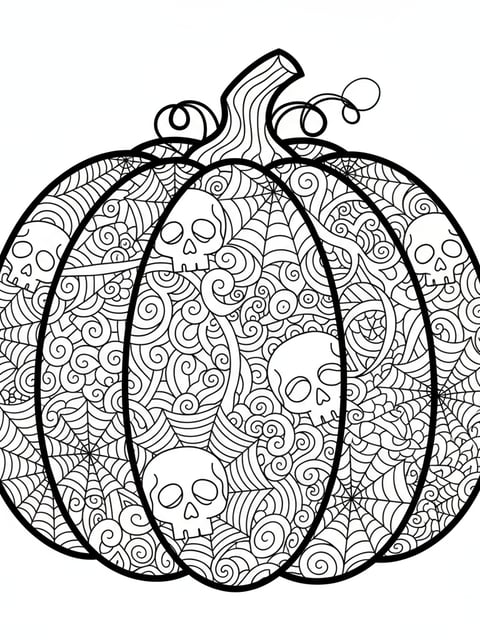 Dibujo para colorear de calabaza zentangle con telarañas y calaveras