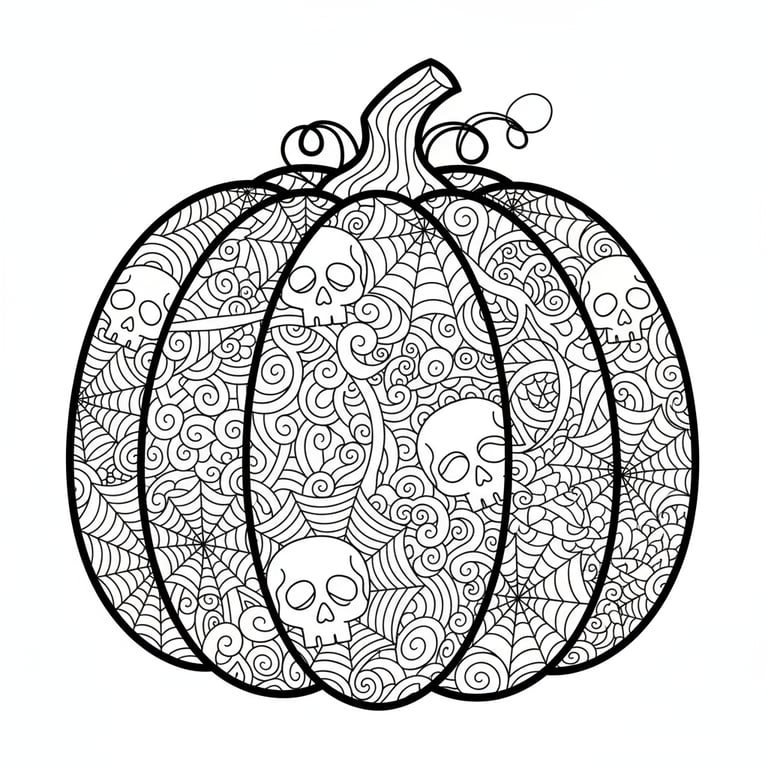 Zentangle pumpkin design with spiderwebs and skulls coloring page