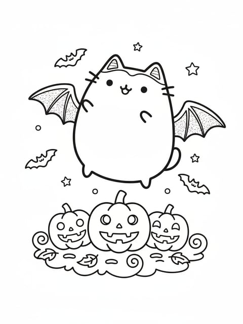 Pusheen cat in bat costume flying over pumpkins cute Halloween coloring page