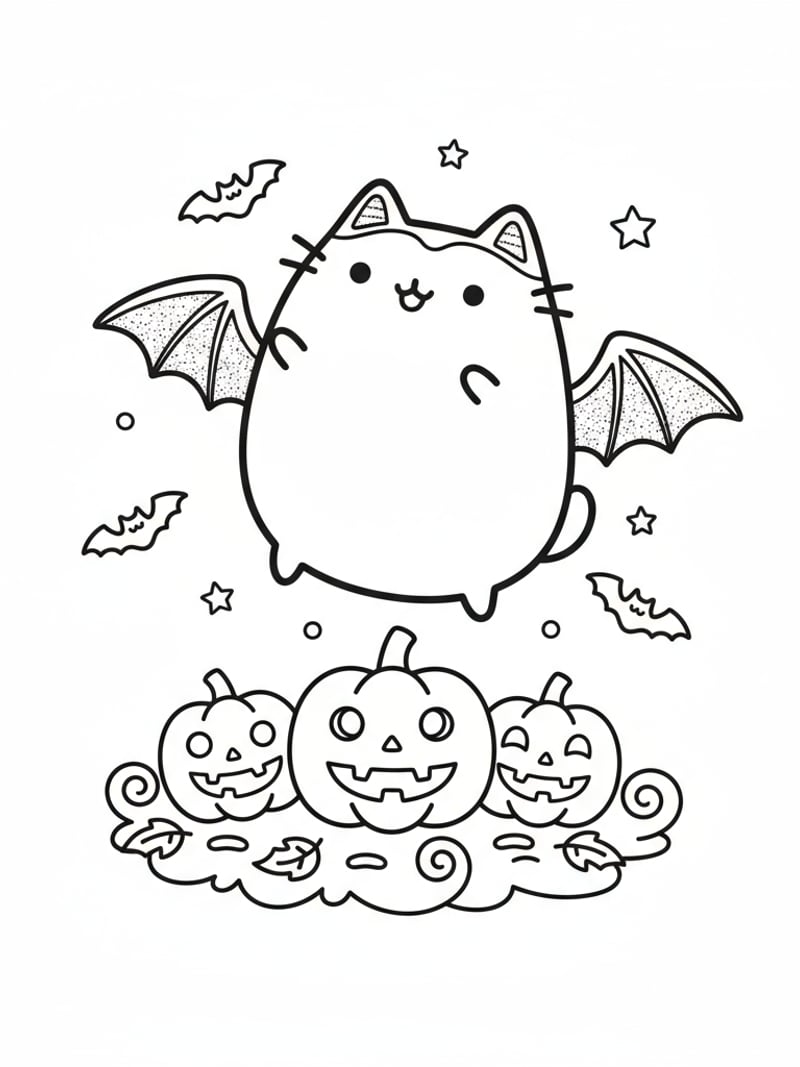Pusheen cat in bat costume flying over pumpkins cute Halloween coloring page