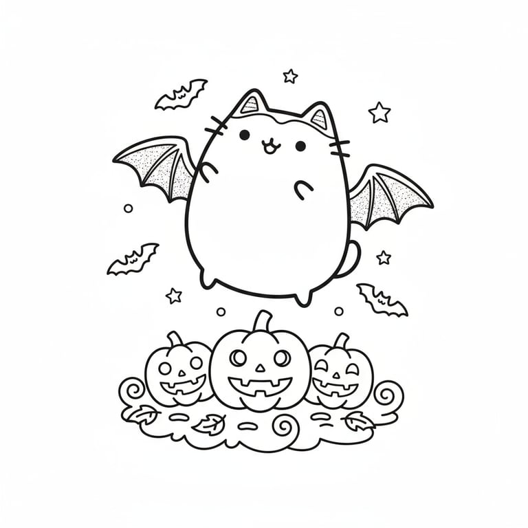 Pusheen cat in bat costume flying over pumpkins cute Halloween coloring page