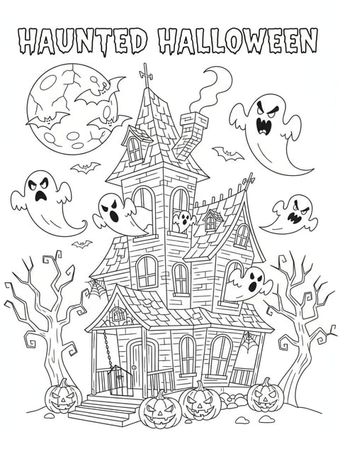 Spooky haunted house with ghosts, bats, and jack-o-lanterns Halloween coloring page