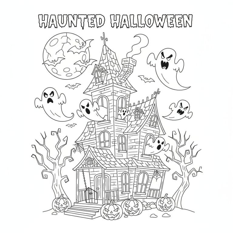 Spooky haunted house with ghosts, bats, and jack-o-lanterns Halloween coloring page