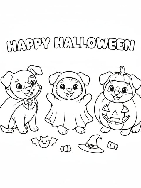 Three Halloween puppies in ghost, vampire, and pumpkin costumes coloring page for kids