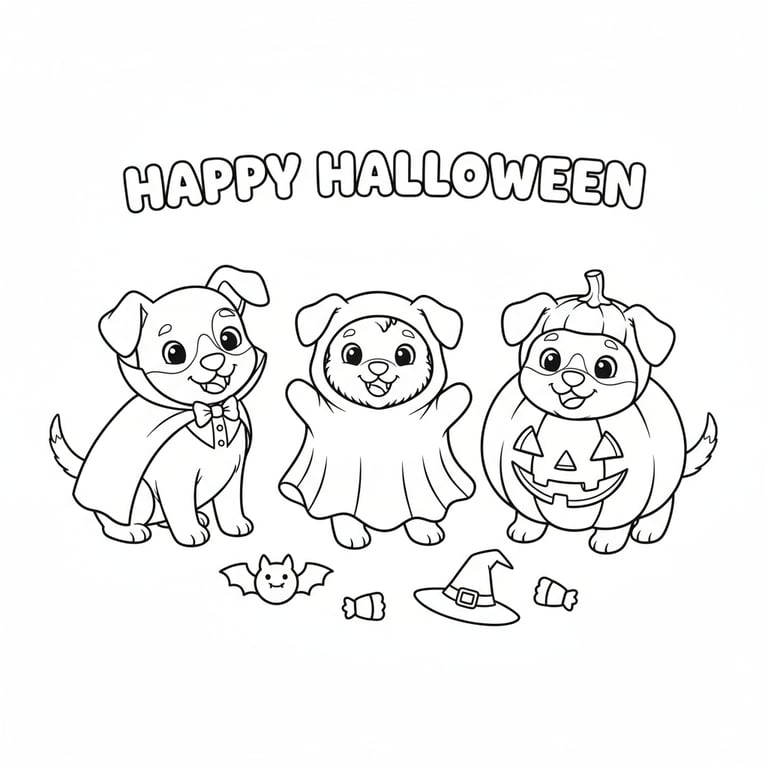 Three Halloween puppies in ghost, vampire, and pumpkin costumes coloring page for kids