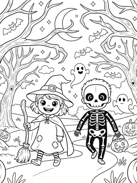 Two kids in witch and skeleton Halloween costumes walking through spooky forest coloring page