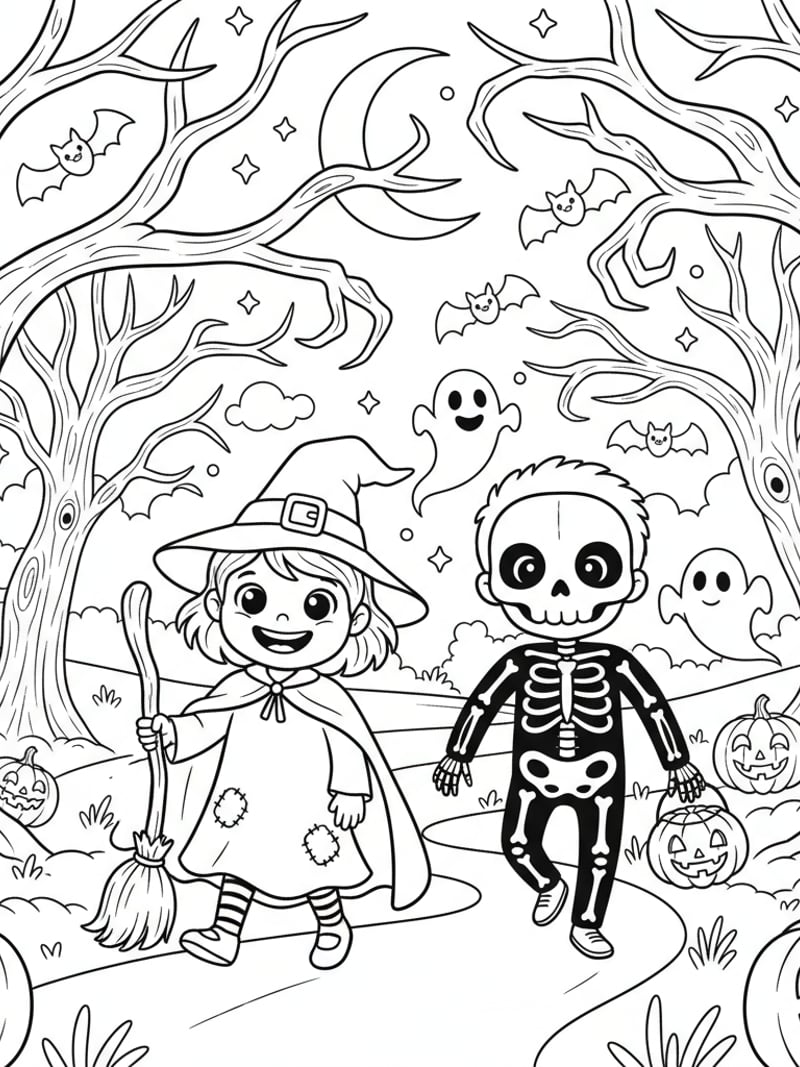 Two kids in witch and skeleton Halloween costumes walking through spooky forest coloring page