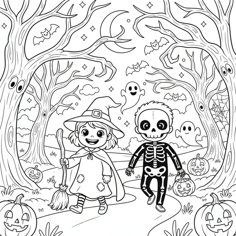 Two kids in witch and skeleton Halloween costumes walking through spooky forest coloring page