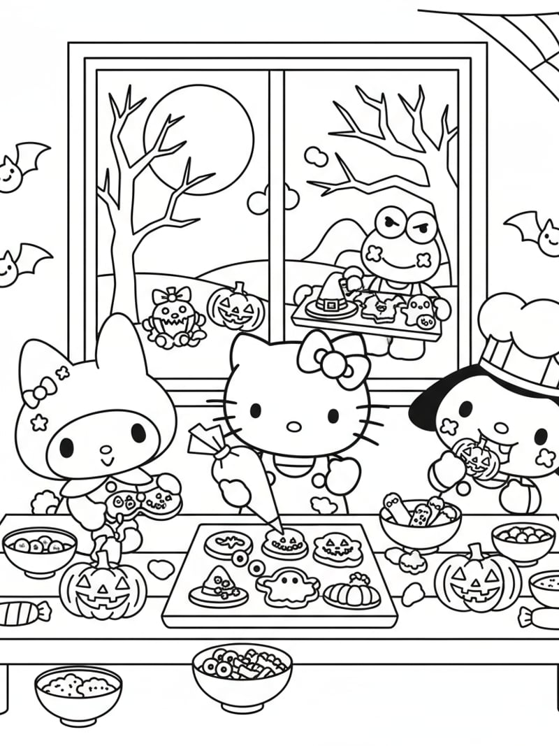 Hello Kitty and friends decorating Halloween cookies shaped like pumpkins and ghosts coloring page
