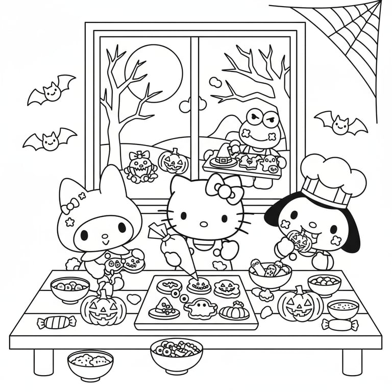 Hello Kitty and friends decorating Halloween cookies shaped like pumpkins and ghosts coloring page