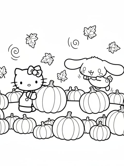 Hello Kitty and Cinnamoroll playing in pumpkin patch surrounded by falling leaves coloring page