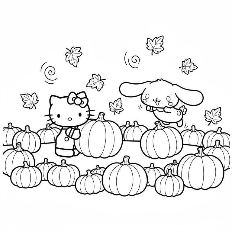 Hello Kitty and Cinnamoroll playing in pumpkin patch surrounded by falling leaves coloring page