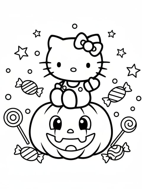 Very cute Hello Kitty sitting on top of smiling pumpkin surrounded by stars and candies coloring page