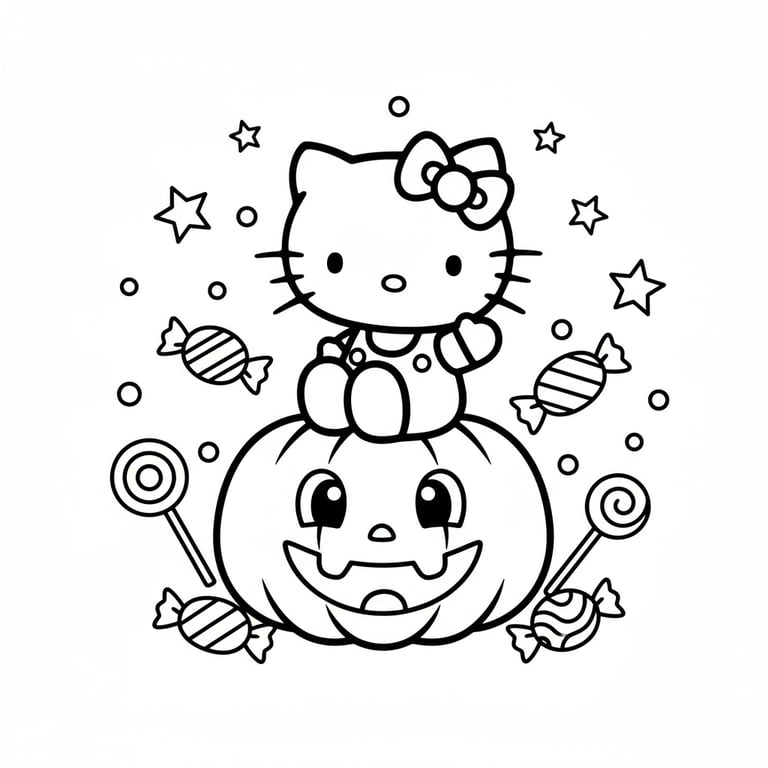 Very cute Hello Kitty sitting on top of smiling pumpkin surrounded by stars and candies coloring page