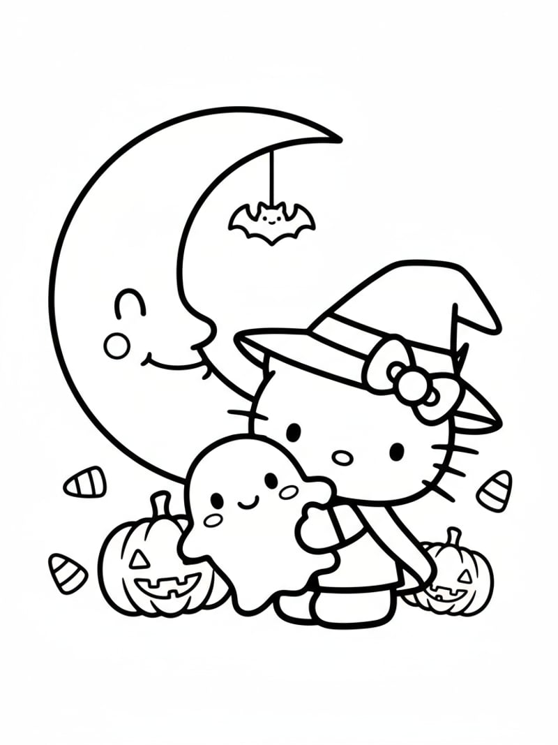 Hello Kitty hugging small ghost plushie under crescent moon kawaii Halloween coloring page