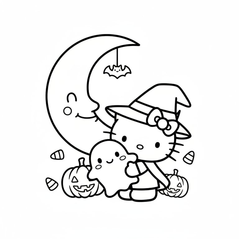 Hello Kitty hugging small ghost plushie under crescent moon kawaii Halloween coloring page