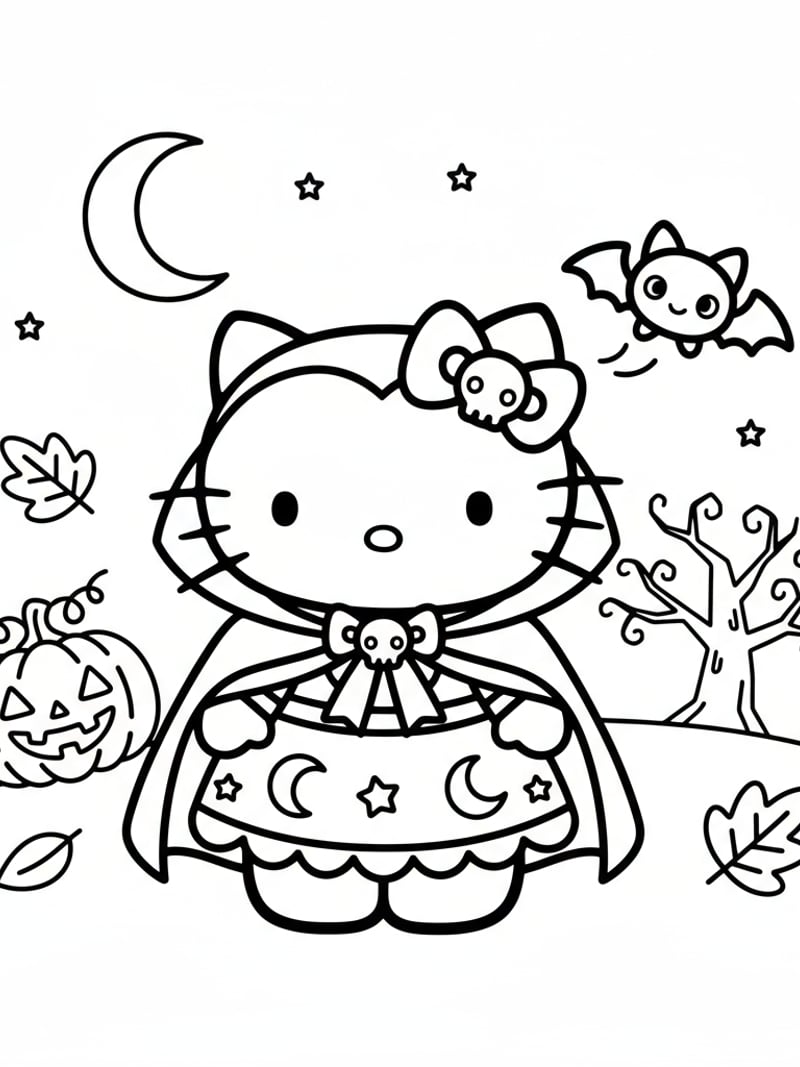 Hello Kitty dressed as vampire with tiny bat flying nearby adorable Halloween coloring page