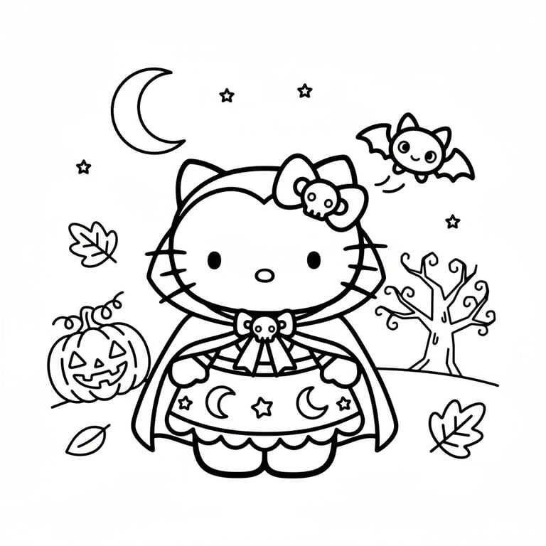 Hello Kitty dressed as vampire with tiny bat flying nearby adorable Halloween coloring page