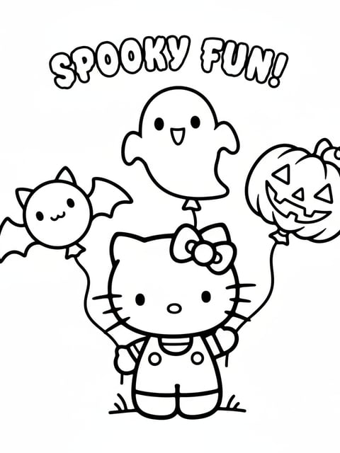 Hello Kitty playing with Halloween balloons shaped like bats ghosts and pumpkins coloring page