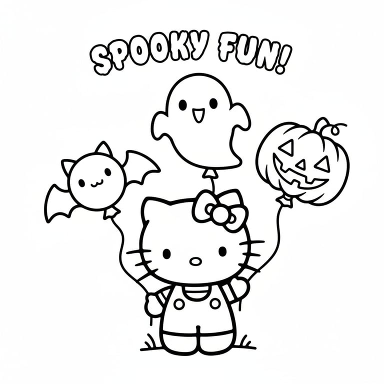 Hello Kitty playing with Halloween balloons shaped like bats ghosts and pumpkins coloring page