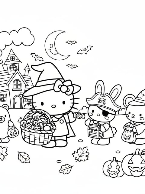 Hello Kitty handing out candy to trick-or-treaters smiling with joy coloring page