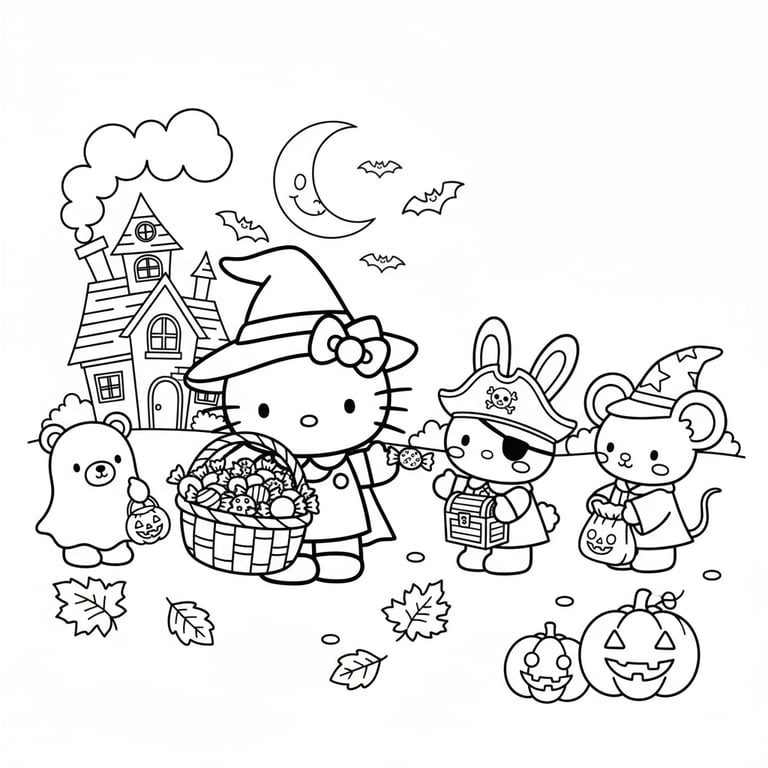 Hello Kitty handing out candy to trick-or-treaters smiling with joy coloring page