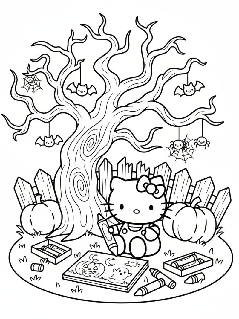 Hello Kitty coloring Halloween picture with crayons under spooky tree coloring page