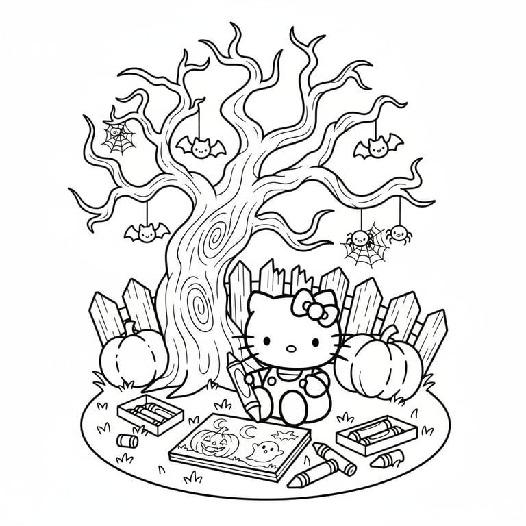 Hello Kitty coloring Halloween picture with crayons under spooky tree coloring page