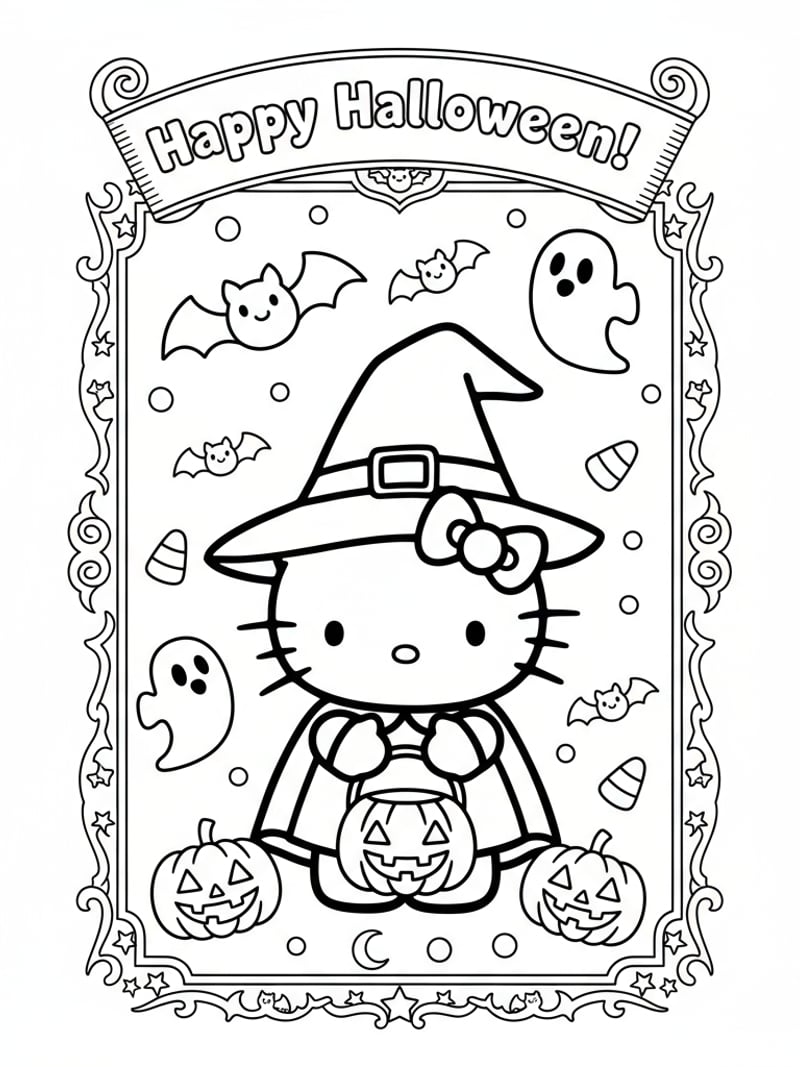 Printable Hello Kitty Halloween coloring page with frames and Happy Halloween title