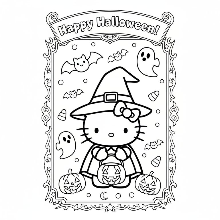 Printable Hello Kitty Halloween coloring page with frames and Happy Halloween title