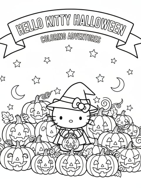 Hello Kitty Halloween coloring book cover style layout with pumpkins stars and title